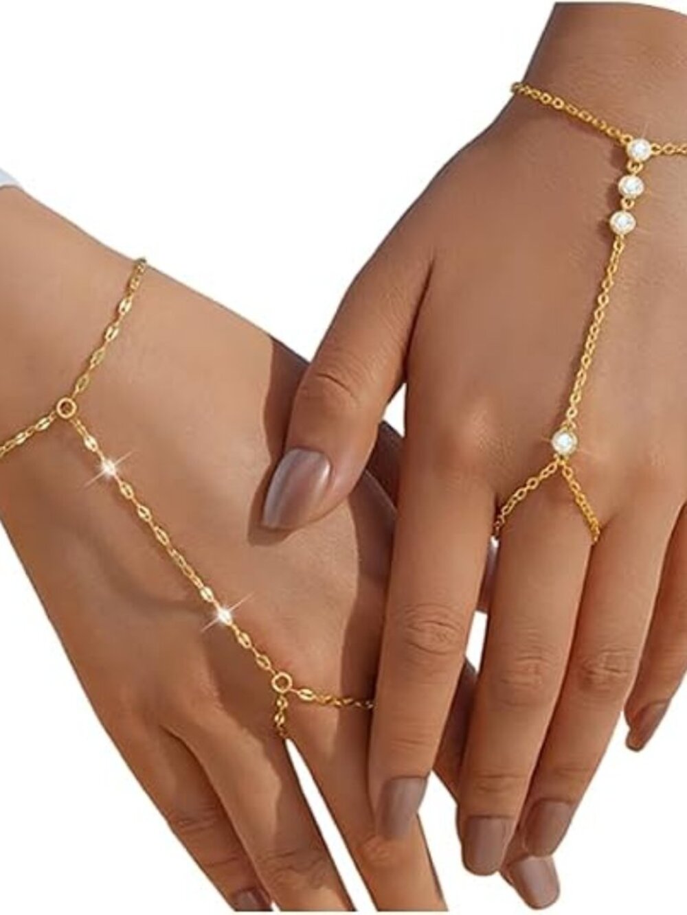 2Pcs Gold Hand Chain Bracelets for Women, 14K Gold Plated CZ Link Chain Set